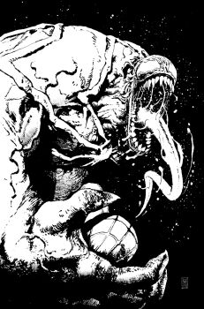 1boy ball basketball_(object) commentary dark english_commentary highres holding holding_ball long_tongue male_focus marvel monochrome monster_boy muscular muscular_male open_mouth saliva saliva_trail sharp_teeth slime_boy solo spider-man_(series) symbiote teeth tongue upper_body valerio_giangiordano veins veiny_arms venom_(marvel) very_long_tongue