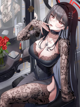 1girl :p absurdres alternate_costume black_choker black_dress black_garter_straps black_hair black_halo black_thighhighs blue_archive blush breasts bright_pupils choker cleavage collarbone commentary cosmetics cross_pendant dress fingernails floral_print flower garter_straps hair_in_own_mouth halo hand_up highres hsxxx indoors large_breasts lipstick_tube long_sleeves looking_at_viewer makeup_brush mirror multicolored_halo nail_polish parted_lips red_eyes red_flower red_halo red_nails reflection rio_(blue_archive) sitting solo symbol-only_commentary thighhighs tongue tongue_out two-tone_halo vase