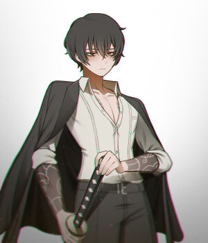 1boy arm_tattoo bags_under_eyes belt black_belt black_eyes black_hair black_pants chromatic_aberration cloud_tattoo collared_shirt hand_on_hilt highres irezumi katana kurokumo_clan_(identity)_(project_moon) limbus_company male_focus misg1111 open_clothes open_shirt pants project_moon sheath sheathed shirt simple_background solo sword tattoo weapon white_background white_shirt yi_sang_(project_moon)