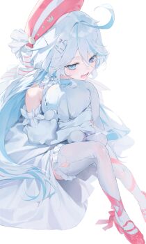 1girl absurdres alternate_costume bare_shoulders blue_eyes blue_hair blush commentary_request cowlick dress furina_(genshin_impact) genshin_impact grey_hair hat heterochromia highres hugging_doll hugging_object knees_up lerudel long_hair looking_at_viewer open_mouth pink_hat pink_shoes shoes simple_background sitting solo thighhighs white_background white_dress white_thighhighs