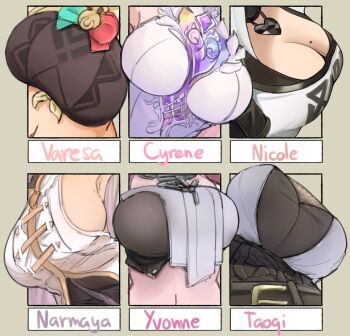 6+girls arknights arknights:_endfield breasts cyrene_(honkai:_star_rail) dress genshin_impact granblue_fantasy highres honkai:_star_rail honkai_(series) large_breasts midriff mole mole_on_breast multiple_girls narmaya_(granblue_fantasy) nicole_demara shirt sideboob taoqi_(wuthering_waves) varesa_(genshin_impact) vonn363 white_dress white_shirt wuthering_waves yvonne_(arknights) zenless_zone_zero