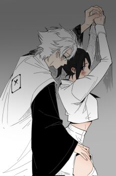 Rule 34 | 1boy, 1girl, against wall, alternate universe, black eyes, black hair, bleach, bleach: sennen kessen-hen, blue eyes, breasts, commentary, cropped jacket, english commentary, haori, hetero, highres, hitsugaya toushirou, jacket, japanese clothes, kurosaki karin, medium breasts, ponytail, quincy (bleach), shihakusho, side slit, silegesi, skirt, taichou haori, thighhighs, white hair, white jacket, white skirt, white thighhighs, wide sleeves