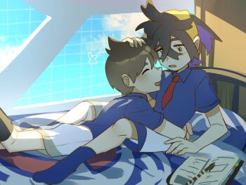 2boys blue_sky blue_socks boy_on_top brown_hair commentary_request dorm florian_(pokemon) hand_in_another's_hair highres indoors kieran_(pokemon) male_focus multiple_boys necktie nintendo notebook on_bed open_mouth pokemon pokemon_sv red_necktie school_uniform shorts sky socks suikaels white_shorts yaoi