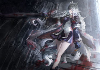 Rule 34 | 1girl, absurdres, animal ear fluff, animal ears, arknights, black capelet, blood, blood on clothes, blood on face, blue gloves, capelet, commentary, dress, evil grin, evil smile, gloves, grey hair, grin, highres, lappland (arknights), long hair, looking ahead, purple dress, smile, solo, tail, wolf ears, wolf girl, wolf tail, xiaoye eago
