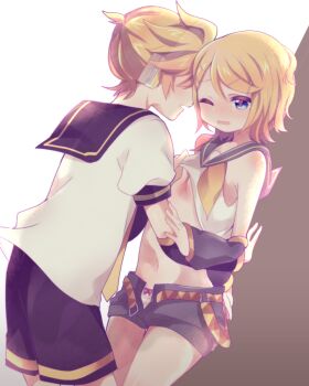 1boy 1girl aoi_choko_(aoichoco) bare_shoulders belt blonde_hair blue_eyes blush breasts brother_and_sister cleavage clothes_lift detached_sleeves embarrassed hair_ornament hairclip highres incest kabedon kagamine_len kagamine_rin leaning_forward navel necktie nervous one_eye_closed open_clothes open_mouth open_shorts panties ponytail sailor_collar sexually_suggestive shirt shirt_lift short_hair short_ponytail shorts siblings small_breasts twincest twins underwear vocaloid