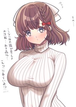 1girl alternate_costume asahi_(kancolle) blush breasts brown_hair grey_eyes hair_ribbon impossible_clothes impossible_sweater kantai_collection large_breasts long_sleeves looking_at_viewer mole mole_under_mouth poyo_teitoku ribbed_shirt ribbon shirt short_hair solo sweater teeth upper_teeth_only white_background white_ribbon white_shirt