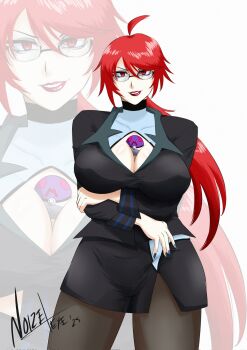 1girl between_breasts breasts cleavage_cutout clothing_cutout glasses large_breasts lips long_hair long_sleeves looking_at_viewer lorelei_(pokemon) master_ball nintendo noize_exe pantyhose poke_ball pokemon pokemon_lgpe ponytail red_eyes red_hair skirt white_background
