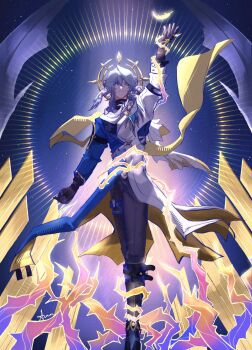 1boy arm_belt arm_up blue_hair boots commentary english_commentary feathers gloves glowing halo halo_behind_head head_wings highres honkai:_star_rail honkai_(series) male_focus medium_hair pants sunday_(honkai:_star_rail) tailcoat thigh_strap thorns two-sided_fabric wings wokkie_here yellow_eyes