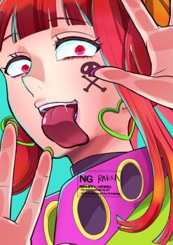 Rule 34 | 1girl, absurdres, against fourth wall, aqua background, commentary, earrings, facial tattoo, gnosia, hand on screen, heart, heart earrings, highres, jewelry, licking screen, looking at viewer, rakia02, red eyes, red hair, simple background, skull and crossbones, skull and crossbones tattoo, solo, sq (gnosia), tattoo, tongue, tongue out
