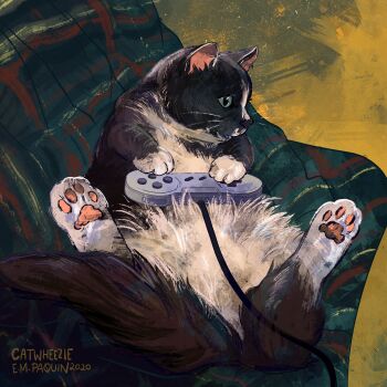 2020 absurdres animal_focus artist_name black_fur cable cat catwheezie colored_sclera commentary controller english_commentary game_controller gamepad green_sclera highres lying no_humans on_back original pawpads photo-referenced solo super_famicom_gamepad two-tone_fur white_fur