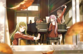 4girls :3 ^_^ aqua_neckerchief aqua_shoes arms_up autumn_leaves black_choker black_gloves black_pantyhose blurry blurry_foreground bob_cut brown_dress brown_hair chair chalkboard choker closed_eyes closed_mouth colored_inner_hair diagonal_bangs dress falling_leaves foot_up from_outside fujishima_megumi game_cg gloves grand_piano green_eyes green_hair grey_hair hair_ornament hairclip half_gloves hasu_no_sora_school_uniform highres indoors instrument inverted_bob leaf light_particles link!_like!_love_live! long_hair long_sleeves looking_at_another looking_at_viewer love_live! low_ponytail medium_dress metronome multicolored_hair multiple_girls neckerchief official_alternate_hairstyle official_art on_chair ogami_sachi open_mouth open_window otomune_kozue outstretched_arms pantyhose piano piano_bench pleated_dress ponytail purple_hair red_eyes red_hair sailor_collar sailor_dress school_chair school_uniform sheet_music shoes short_hair sidelocks sitting sitting_backwards sliding_doors socks standing star_(symbol) star_hair_ornament straight_hair streaked_hair stretching swept_bangs third-party_source two-tone_footwear two_side_up uwabaki virtual_youtuber white_footwear white_sailor_collar white_socks window winter_uniform yellow_eyes yugiri_tsuzuri