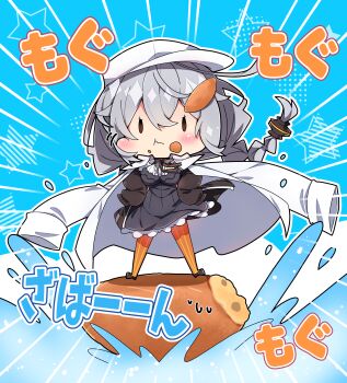 1girl :t absurdres black_jacket black_shoes blue_background braid breasts brown_eyes chibi closed_mouth commentary_request dress emphasis_lines flat_cap food food_on_face food_request full_body grey_dress grey_hair hair_between_eyes hat highres jacket jacket_on_shoulders kizuna_akari large_breasts long_hair long_sleeves low_twintails milkpanda orange_pantyhose outline pantyhose puffy_long_sleeves puffy_sleeves shirt shoes sleeves_past_fingers sleeves_past_wrists solo standing star_(symbol) striped_clothes striped_pantyhose translation_request twin_braids twintails two-tone_background vertical-striped_clothes vertical-striped_pantyhose very_long_hair voiceroid water wavy_mouth white_background white_hat white_jacket white_outline white_shirt