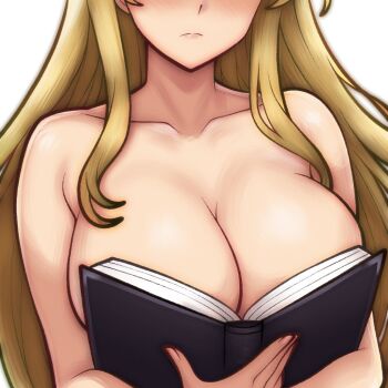 1girl bare_arms bare_shoulders blonde_hair boobs_in_book_(meme) book book_on_breasts breasts clarisse_(fire_emblem) cleavage commission completely_nude eyes_out_of_frame fire_emblem fire_emblem:_new_mystery_of_the_emblem head_out_of_frame holding holding_book ko-fi_commission large_breasts long_hair meme nintendo nude open_book rotomdocs solo