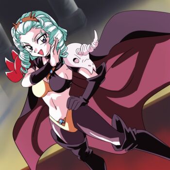 Rule 34 | 1990s (style), 1girl, bangs pinned back, black cape, black choker, black eyes, black gloves, black pants, bracer, breasts, brown hairband, cape, choker, gloves, green hair, hairband, hand on own hip, looking to the side, m o (prftz), martina zoana mel navratilova, medium breasts, midriff, navel, ojou-sama pose, pants, pantyhose, retro artstyle, short hair, single glove, slayers, solo