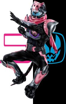 1boy absurdres animal_hood armor black_armor blue_eyes dinosaur gloves highres hood kamen_rider kamen_rider_revice kamen_rider_vice kuzurx male_focus multiple_boys pink_armor pink_scarf revice_driver rex_genome rider_belt scarf sharp_teeth solo tail teeth tokusatsu tyrannosaurus_rex vistamp