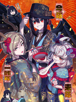 4girls :d ahoge alternate_costume anger_vein animal_realm_yakuza_(touhou) aqua_nails black_bow black_hair black_hat black_kimono black_wings blonde_hair blue_kimono bow chinese_zodiac commentary_request confetti cup dragon_horns eating fingernails flower food grey_hair grin hair_between_eyes hat hat_bow highres holding holding_cup holding_plate holding_smoking_pipe holding_spork horns japanese_clothes kicchou_yachie kimono kiseru kurokoma_saki long_sleeves looking_at_viewer mochi mochi_trail multiple_girls multiple_views open_mouth orange_background plate print_kimono red_eyes red_flower red_nails sakazuki sharp_fingernails sharp_teeth short_hair smile smoking_pipe spork teeth touhou toutetsu_yuuma translation_request turtle_shell v-shaped_eyebrows wide_sleeves wings yasaka_kanako zounose