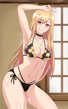 1girl absurdres armpits bikini black_bikini black_choker blonde_hair blush breasts choker commentary_request cowboy_shot ear_piercing earrings eyelashes floral_print floral_print_bikini gyaru highres jewelry kitagawa_marin large_breasts long_hair looking_at_viewer mattc-art2 medium_breasts multicolored_hair navel open_clothes open_shirt parted_lips pendant piercing pink_hair print_bikini red_eyes side-tie_bikini_bottom smile solo sono_bisque_doll_wa_koi_wo_suru swimsuit teeth thighs two-tone_hair v