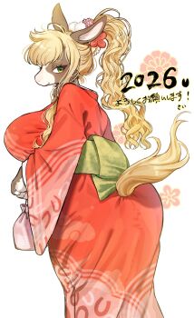 1girl 2026 animal_ears ass blonde_hair body_fur breasts brown_fur chinese_zodiac curvy feet_out_of_frame from_behind full_body furry furry_female green_eyes green_sash highres horse_ears horse_girl horse_tail japanese_clothes kimono large_breasts long_hair long_single_sidelock long_sleeves looking_at_viewer looking_back original ponytail profile red_kimono saaa sash single_sidelock smile solo tail two-tone_fur year_of_the_horse yukata