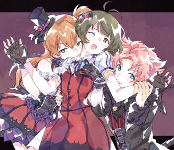1girl 2boys akizuki_ryo antenna_hair bisexual_male biting black_gloves brown_hair crossdressing crossdressing_(mtf) dress gloves green_eyes hair_ornament halloween hand_on_another&#039;s_chest hand_on_another&#039;s_wrist hat idolmaster idolmaster_dearly_stars idolmaster_side-m interlocked_fingers kabuto_daigo letterboxed long_hair looking_at_viewer mini_hat multiple_boys my_dear_vampire_(idolmaster) nara1508 neck_biting one_eye_closed orange_hair outside_border pink_hair red_dress sakurai_yumeko short_hair top_hat trap vampire
