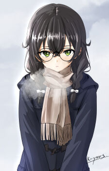 1girl artist_name black-framed_eyewear black_coat black_hair blue_coat blush bow braid breath brown_scarf cevio closed_mouth coat crossed_bangs duffel_coat enpera expressionless fringe_trim glasses green_eyes grey_background grey_scarf hair_between_eyes hair_bow hair_over_shoulder hanakuma_chifuyu highres hood hood_down hooded_coat k-yous light_blush long_hair long_sleeves looking_at_viewer low_twin_braids outdoors parted_lips round_eyewear scarf signature simple_background solo synthesizer_v twin_braids upper_body v_arms white_bow winter_clothes