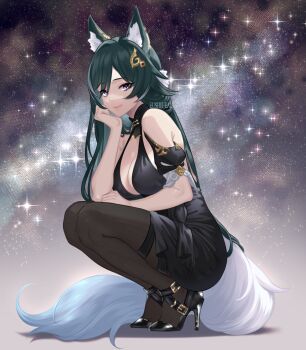 1girl absurdres animal_ears bare_shoulders black_dress breasts cleavage dress eushufeal fox_ears fox_tail full_body gold green_hair high_heels highres honkai:_star_rail honkai_(series) jewelry kitsune large_breasts long_hair looking_at_viewer non-web_source pantyhose purple_eyes shine smile solo squatting tail yukong_(honkai:_star_rail)