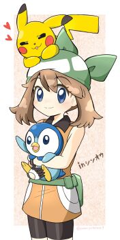 1girl bandana bike_shorts black_shorts blue_eyes blush brown_hair closed_mouth dress fanny_pack gen_1_pokemon gen_4_pokemon green_bandana heart highres holding holding_pokemon looking_at_viewer may_(pokemon) nintendo on_head orange_dress pikachu piplup pokemon pokemon_(anime) pokemon_(creature) pokemon_dppt_(anime) pokemon_on_head short_hair shorts sleeveless sleeveless_dress smile xrqu2xk8qb47501