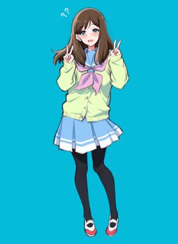 Rule 34 | 1girl, black pantyhose, blue background, blue eyes, blue sailor collar, blue skirt, blush, breasts, brown hair, cardigan, double v, green cardigan, hibike! euphonium, kitauji high school uniform, kotomozou, kuroe mayu, long hair, long sleeves, looking at viewer, neckerchief, open mouth, pantyhose, pink neckerchief, pleated skirt, sailor collar, school uniform, shoes, simple background, skirt, smile, solo, v