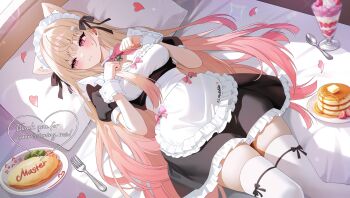 1girl absurdres animal_ears apron bed black_dress blonde_hair bow bowtie breasts cat_ears character_request cleavage commentary_request dress food fork frilled_apron frilled_dress frills gradient_hair hair_ribbon highres indie_virtual_youtuber iyusei_02 korean_commentary long_hair looking_to_the_side lying maid maid_apron maid_headdress medium_breasts multicolored_hair omelet omurice on_back on_bed pancake pancake_stack parfait paw_pose pink_hair ribbon short_sleeves solo sweatdrop thigh_strap thighhighs very_long_hair white_thighhighs wrist_cuffs zettai_ryouiki