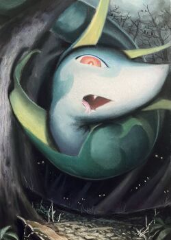 Rule 34 | commentary request, fang, fisheye, forest, gen 5 pokemon, highres, looking at viewer, nature, nintendo, no humans, open mouth, outdoors, pokeaka5555, pokemon, pokemon (creature), red eyes, serperior, solo, tree