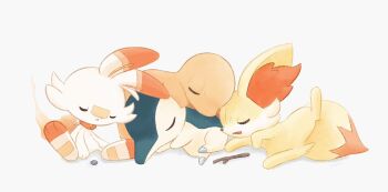 animal_ear_fluff animal_ears animal_focus charmander closed_eyes closed_mouth cyndaquil fennekin fireblast gen_1_pokemon gen_2_pokemon gen_6_pokemon gen_8_pokemon highres lying nintendo no_humans on_side open_mouth pokemon pokemon_(creature) pokemon_focus rabbit scorbunny simple_background sitting sleeping stick tail