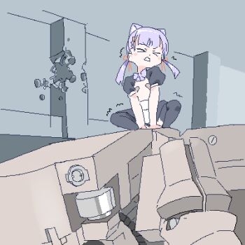 &gt;_&lt; 1girl animal_ears apron bandaid bandaids_on_nipples black_skirt black_sleeves black_thighhighs bow bowtie bullet_hole cat_ears character_request flat_chest ghost_in_the_shell grimace hair_ribbon indoors jaggy_lines lokulo-chan_(lokulo_no_mawashimono) lokulo_no_mawashimono loli long_hair low_twintails lowres mecha original parody parted_lips pasties pillar puffy_short_sleeves puffy_sleeves pulling purple_bow purple_bowtie red_ribbon ribbon robot scene_reference short_sleeves shrug_(clothing) skirt solo spread_legs squatting thighhighs topless_female trembling twintails v-shaped_eyebrows waist_apron walker_(robot)