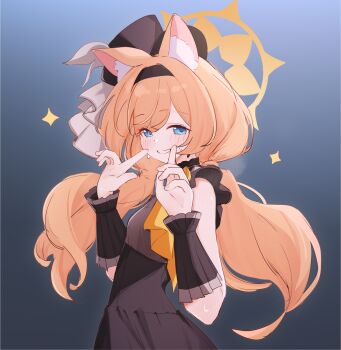 Rule 34 | 1girl, animal ear fluff, animal ears, black hairband, black hat, black skirt, blue archive, blue background, cat ears, commentary request, grey shirt, hairband, halo, hands up, hat, high-waist skirt, highres, long hair, low twintails, mari (blue archive), mini hat, orange hair, riya (01214), shirt, skirt, solo, tilted headwear, twintails, very long hair