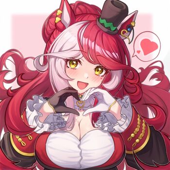 1girl 1m5papa animal_ears blush breasts cleavage commentary gloves hair_between_eyes hair_ornament hat heart horse_ears horse_girl large_breasts long_hair looking_at_viewer loves_only_you_(9927_wishes)_(umamusume) loves_only_you_(umamusume) open_mouth portrait red_hair simple_background spoken_heart symbol-only_commentary umamusume white_background yellow_eyes