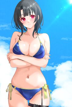 Rule 34 | 1girl, absurdres, bikini, black hair, blue bikini, blue sky, blush, breasts, cloud, collarbone, commentary request, crossed arms, day, embarrassed, gluteal fold, highres, kantai collection, large breasts, legband, looking at viewer, navel, nitamako (sakamalh), outdoors, red eyes, short hair, sky, solo, sunlight, swimsuit, takao (kancolle)