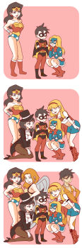 1boy 6+girls alternate_skin_color black_footwear black_hair blue_eyes blush bodysuit boots bow bowtie brown_eyes chibi comic courtney_whitmore dark_skin dc_comics dcau domino_mask earrings eye_mask gloves green_eyes hairband hand_on_own_hip hat hawkgirl highres imo_(ume_syrop) jewelry justice_league kryptonian leotard mari_jiwe_mccabe mask multiple_girls necklace one_eye_closed pantyhose red_footwear robin_(dc) s_shield shoes squatting stargirl supergirl tim_drake tim_drake_(dcau) top_hat vambraces vixen_(dc) wings wink wonder_woman zatanna_zatara
