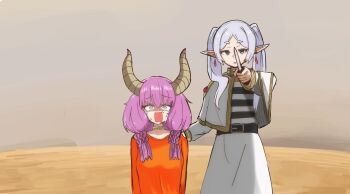 2girls aura_(sousou_no_frieren) aura_bullying_(meme) braid demon_girl demon_horns dress earrings elf execution executioner expressionless female_focus frieren green_eyes highres holding holding_knife horns imminent_death isis_(terrorist_group) jewelry knife long_hair long_sleeves looking_at_viewer meme multiple_braids multiple_girls nemuri_tai orange_robe pointing pointing_at_viewer pointing_melee_weapon pointy_ears prisoner purple_eyes purple_hair robe scared serious simple_background sousou_no_frieren striped_clothes tears twintails white_dress white_hair