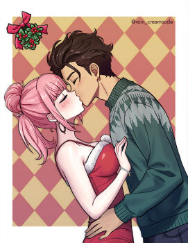 Rule 34 | 1boy, 1girl, alternate costume, argyle background, artist name, bare shoulders, blush, breast press, breasts, christmas, claude von riegan, closed eyes, dark-skinned male, dark skin, dress, earrings, fire emblem, fire emblem: three houses, fire emblem warriors: three hopes, green sweater, hands on another's chest, hands on another's waist, high ponytail, hilda valentine goneril, hoop earrings, jewelry, kiss, large breasts, long hair, mistletoe, nintendo, off shoulder, official alternate hairstyle, pink hair, ponytail, rein creamsoda, santa costume, santa dress, sweater, twitter username