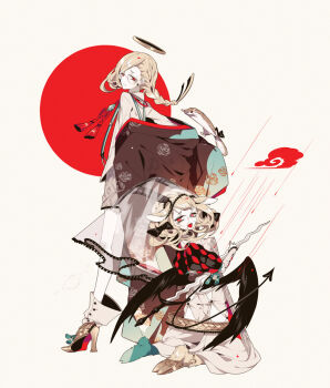 animal_ears back-to-back blonde_hair blood commentary_request curled_horns fangs floral_print flying_squirrel goat_girl halo high_heels hooves horns limited_palette original red_eyes rose_print school_uniform serafuku shikimi_(yurakuru) spot_color squirrel tagme tassel tongue tongue_out veil what