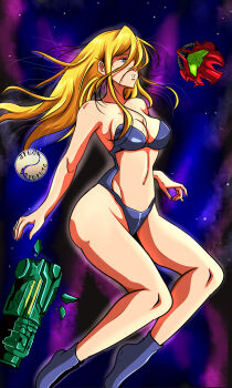 1girl adapted_costume arm_cannon armpit_crease artist_logo artist_name bare_arms black_boots black_leotard blonde_hair blue_eyes boots breasts cleavage clenched_hands clothing_cutout collarbone curvy defeat exploding_clothes eyelashes female_focus fingernails floating floating_hair full_body game_over groin hair_between_eyes hair_intakes helmet highres knees large_breasts legs leotard logo long_hair messy_hair metroid navel nintendo official_alternate_hairstyle pain parted_bangs parted_lips revealing_clothes samus_aran sideboob sidelocks space star_(sky) stomach stomach_cutout strapless strapless_leotard super_metroid tall_female thighs unworn_headwear unworn_helmet very_long_hair wardrobe_malfunction weapon wide_hips