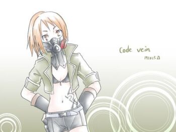 1girl belt bikini black_bikini breasts brown_eyes brown_gloves code_vein cropped_jacket dated fingerless_gloves gloves green_jacket hands_on_own_hips jacket k_seki lowres mask murasame_rin_(code_vein) navel_piercing open_clothes open_jacket orange_hair piercing ponytail respirator short_shorts shorts sidelocks simple_background small_breasts solo stomach_tattoo swimsuit tattoo white_belt