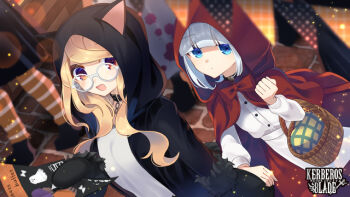 2girls :d animal_costume animal_hands animal_hood basket blonde_hair blue_eyes blunt_bangs cat_costume cat_hood character_request choker cloak copyright_name cosplay dress elbow_carry expressionless flyer fur-trimmed_gloves fur_trim glasses gloves grey_hair halloween halloween_costume holding holding_basket hood hood_up hoodie kerberos_blade little_red_riding_hood_(fairy_tale) little_red_riding_hood_(fairy_tale_character)_(cosplay) little_red_riding_hood_(fairy_tale_character) long_hair multiple_girls nanahi_tsubaki official_art open_mouth orange_eyes paw_gloves pinafore_dress round_eyewear short_hair sleeveless sleeveless_dress smile string_of_flags