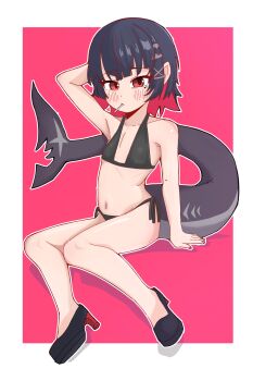 1girl aged_down arm_behind_head arm_support arm_up bikini black_bikini black_hair blush border candy colored_inner_hair ellen_joe fins fish_tail flat_chest food full_body hair_ornament high_heels kei_(mnhattan_cafe) loli lollipop looking_at_viewer mole mole_under_eye mouth_hold multicolored_hair navel outline pink_background pointy_ears red_background red_eyes red_hair shark_girl shark_tail short_hair side-tie_bikini_bottom simple_background sitting solo swimsuit tail two-tone_hair virtual_youtuber white_border white_outline x_hair_ornament zenless_zone_zero