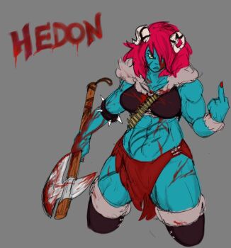 Rule 34 | 1girl, abs, ammunition belt, armlet, axe, bare shoulders, battle axe, black boots, black tank top, blood, blood on arm, blood on axe, blood on body, blood on chest, blood on clothes, blood on face, blood on hands, blood on leg, blood on stomach, bloody weapon, blue skin, boots, breasts, closed mouth, colored skin, commentary, copyright name, cowboy shot, crystal necklace, demon girl, demon horns, english commentary, facial scar, female orc, frown, fur-trimmed boots, fur-trimmed bracer, fur-trimmed crop top, fur trim, gorgus9, grey background, grey horns, hair over one eye, hand up, hedon bloodrite, holding, holding axe, horns, jewelry, long hair, looking to the side, medium breasts, middle finger, midriff, multiple scars, muscular, muscular female, orange eyes, orc, pelvic curtain, red hair, red nails, scar, scar on cheek, scar on face, scar on stomach, scar on thighs, simple background, solo, spiked armlet, tank top, thick thighs, thigh boots, thighs, weapon, zan (hedon)