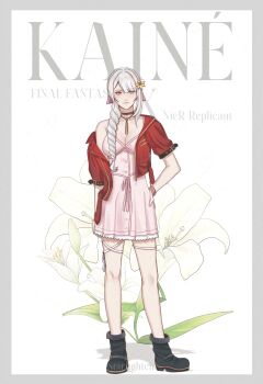 1girl aerith_gainsborough aerith_gainsborough_(cosplay) artist_name bangle black_boots boots border bracelet braid braided_ponytail breasts brown_eyes character_name choker cleavage closed_mouth copyright_name cosplay cropped_jacket dress final_fantasy floral_background flower flower_choker full_body grey-haired_cat_girl_(kotatsu-mazoku) grey_border hair_between_eyes hair_flower hair_ornament hair_over_shoulder hair_ribbon hand_on_own_hip highres jacket jacket_partially_removed jewelry kaine_(nier) large_breasts lily_(flower) long_hair nier_(series) pink_dress pink_ribbon red_jacket ribbon short_dress single_bare_shoulder single_braid solo standing starlightchi yellow_flower