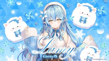 1girl absurdres ahoge belt blue_background blue_bow blue_bowtie blue_hair blue_jacket blue_nails bow bowtie breasts brown_belt center_frills character_name commentary_request company_name copyright_notice fingernails flower frills fur-trimmed_jacket fur_trim hair_between_eyes hair_flower hair_ornament hat highres hololive hololive_dreams jacket looking_at_viewer multicolored_hair nail_polish official_art plaid_bow plaid_bowtie plaid_clothes pointy_ears shirt sleeveless sleeveless_shirt sleeves_past_wrists snowflake_print solo streaked_hair virtual_youtuber white_flower white_hat yellow_eyes yukihana_lamy yukihana_lamy_(1st_costume) yukimin_(yukihana_lamy)