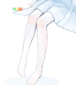 1girl art_study blue_skirt commentary dress english_commentary feet fidget_slug highres indie_virtual_youtuber leg_focus lower_body no_shoes official_alternate_costume pantyhose pillowdear pillowdear_(artist) pillowdear_(school_uniform) pleated_dress simple_background sitting skirt solo virtual_youtuber white_background white_pantyhose