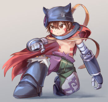 Rule 34 | 1boy, :|, absurdres, android, aq gohan, brown eyes, brown hair, cape, closed mouth, collar, commentary request, damaged, facial mark, facial tattoo, fake horns, full body, gradient background, green shorts, grey background, hair between eyes, helmet, highres, horned headwear, horned helmet, horns, made in abyss, male focus, mechanical arms, mechanical hands, mechanical legs, metal collar, multicolored shorts, nipples, on one knee, pants, purple shorts, red cape, reg (made in abyss), robot, shorts, simple background, slit pupils, solo, tattoo, topless male, two-tone pants, v-shaped eyebrows, white background