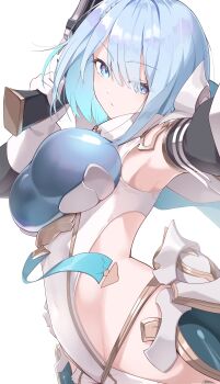 1girl absurdres armor armpits blue_cape blue_eyes blue_hair bodysuit breasts cape clothing_cutout commentary dreizehn_(shadowverse) from_below gloves gun hair_over_one_eye head_tilt highres hip_armor hip_bones holding holding_gun holding_weapon hood hooded_cape ichien_ekaki large_breasts looking_at_viewer shadowverse shadowverse:_worlds_beyond short_hair shoulder_armor side_cutout simple_background solo standing two-sided_cape two-sided_fabric upper_body weapon white_background white_gloves