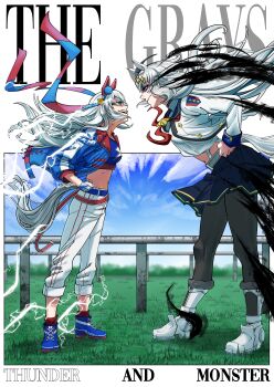 2girls absurdres ahoge aura belt black_pantyhose blue_belt blue_eyes blue_hairband blue_jacket blue_shirt blue_shoes blue_skirt blue_sky boots capri_pants closed_mouth clothes_lift cloud cloudy_sky commentary cropped_shirt day ear_covers electricity english_commentary english_text from_side gloves grass grey_boots grey_hair hair_ornament hairband hands_on_own_hips headband highres horse_girl im_2074 jacket jacket_lift lightning_bolt_symbol long_hair long_sleeves looking_at_another loose_belt midriff miniskirt multiple_girls navel neckerchief oguri_cap_(starlight_beat)_(umamusume) oguri_cap_(umamusume) open_clothes open_jacket open_mouth outdoors pants pantyhose pleated_skirt railing red_belt red_headband red_neckerchief red_socks shirt shirt_lift shoes skirt sky smirk sneakers socks standing tamamo_cross_(umamusume) text_background umamusume umamusume:_cinderella_gray white_gloves white_pants white_shirt wind