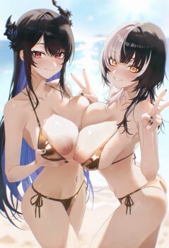 2girls absurdres alternate_costume anska asymmetrical_docking asymmetrical_horns beach bikini black_hair black_horns blue_hair blush breast_lift breast_press breasts colored_inner_hair commentary cowboy_shot double_v duplicate gold_bikini grey_hair grin highres hololive hololive_english horns large_breasts long_hair looking_at_viewer mole mole_under_eye multicolored_hair multiple_girls nail_polish navel nerissa_ravencroft nipples ocean paid_reward_available red_eyes red_nails sand shiori_novella side-tie_bikini_bottom smile split-color_hair standing stomach swimsuit uneven_horns v virtual_youtuber water yellow_eyes